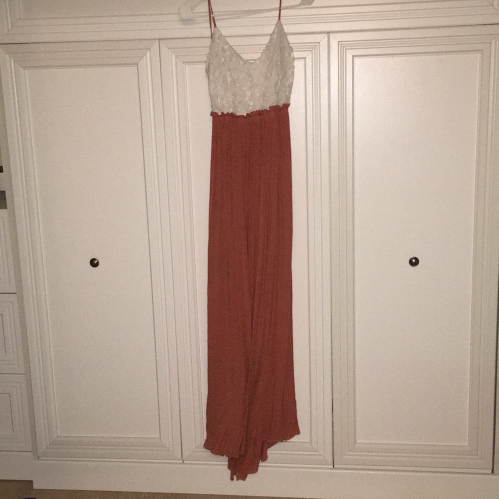 white and peach colored long summer dress